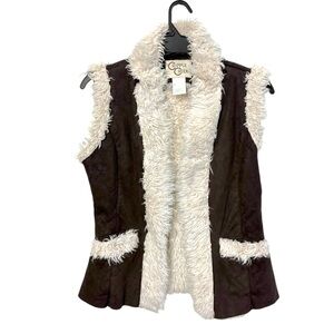 Cripple Creek Women’s Brown Faux-Suede Vest with Cream Sherpa Trim
